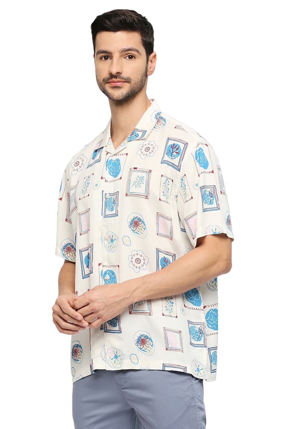 BASICS RELAXED FIT TENCEL PRINTED HALFSLEEVES SHIRT