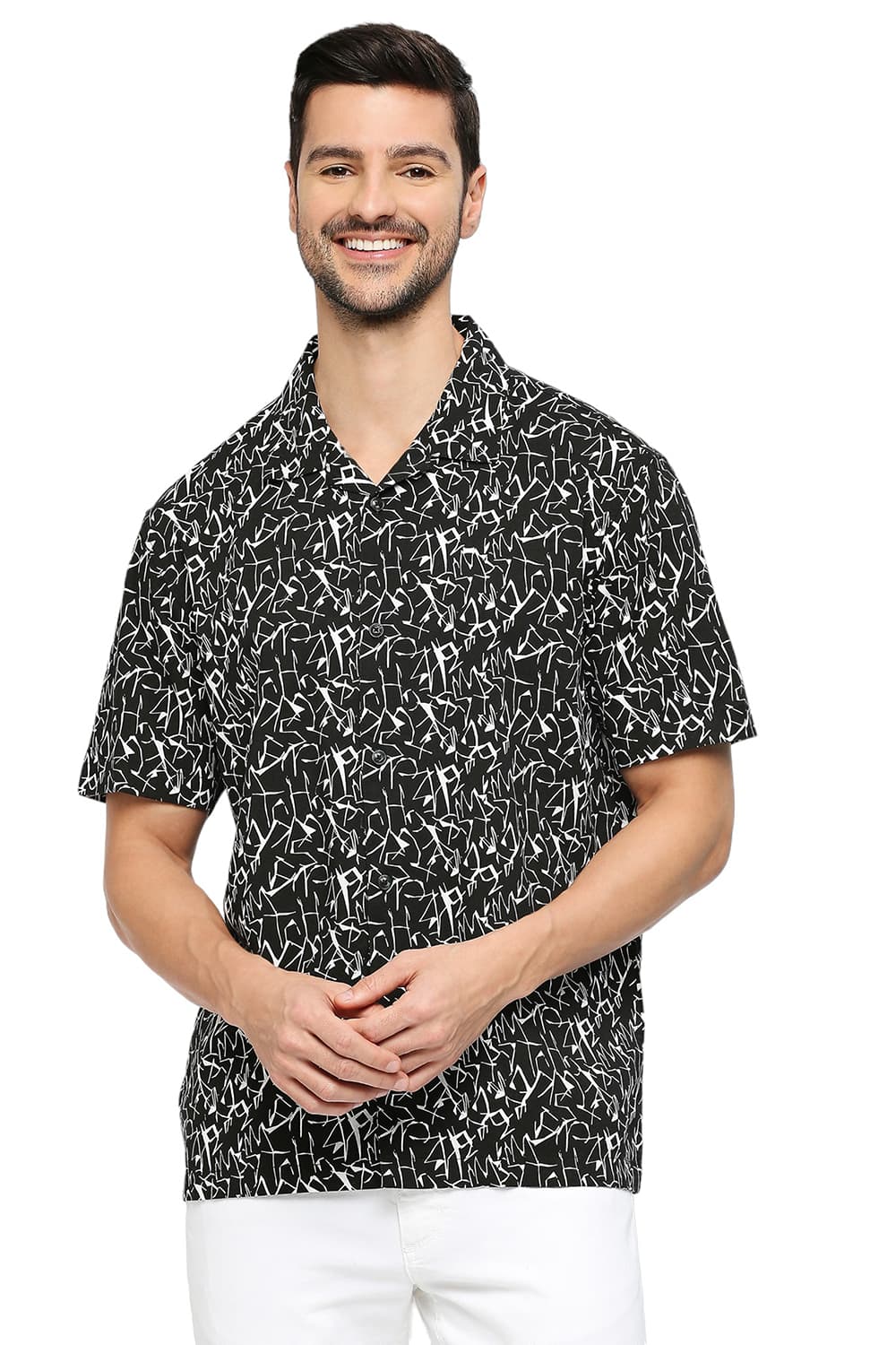 BASICS RELAXED FIT COTTON VISCOSE PRINTED SHIRT