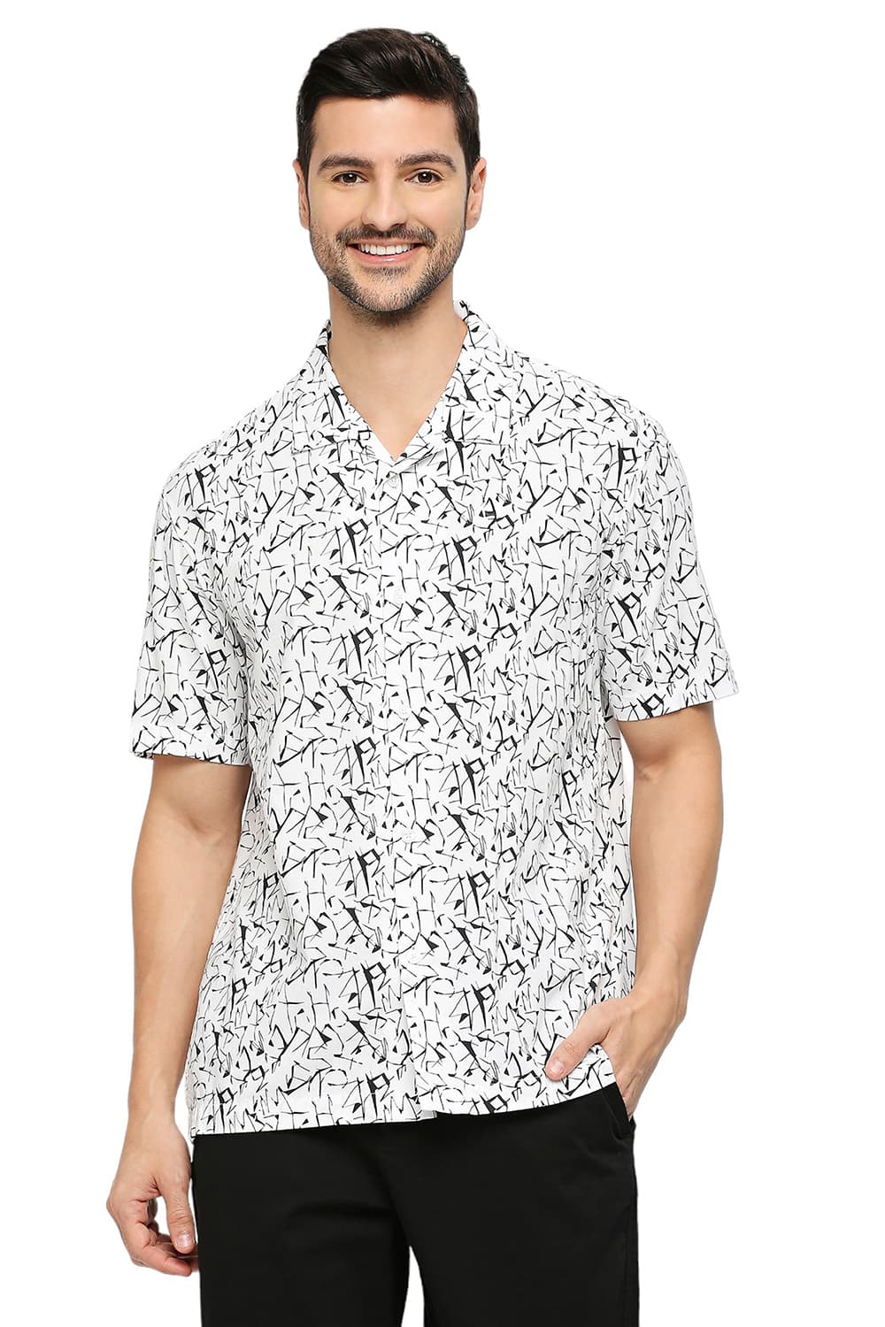 BASICS RELAXED FIT COTTON VISCOSE PRINTED HALFSLEEVES SHIRT