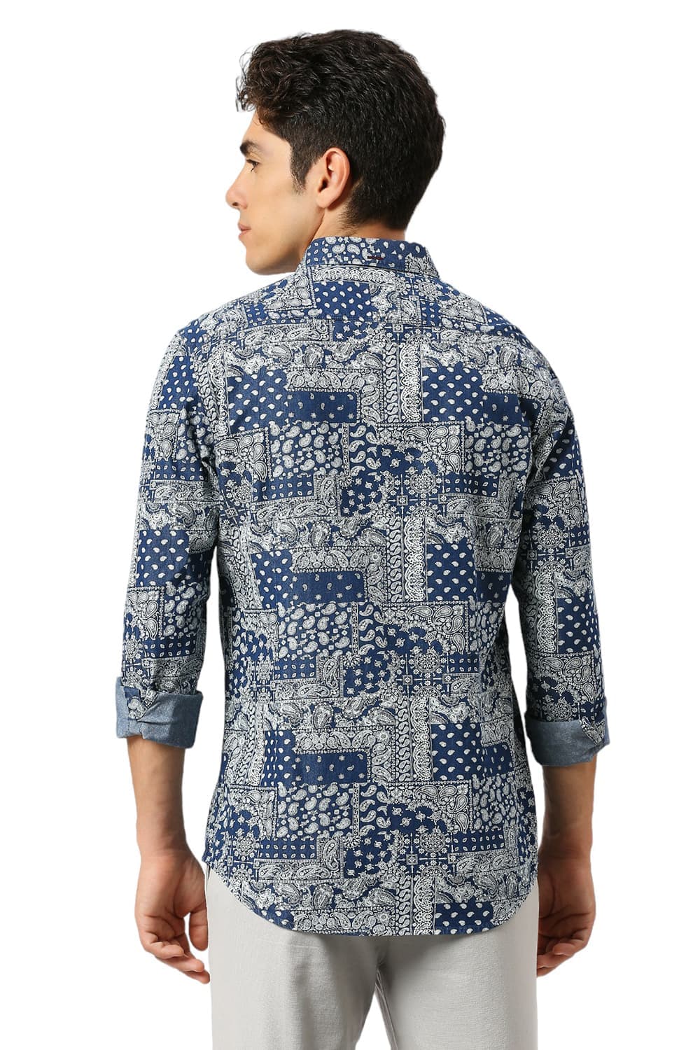 SLIM FIT COTTON INDIGO PRINTED SHIRT
