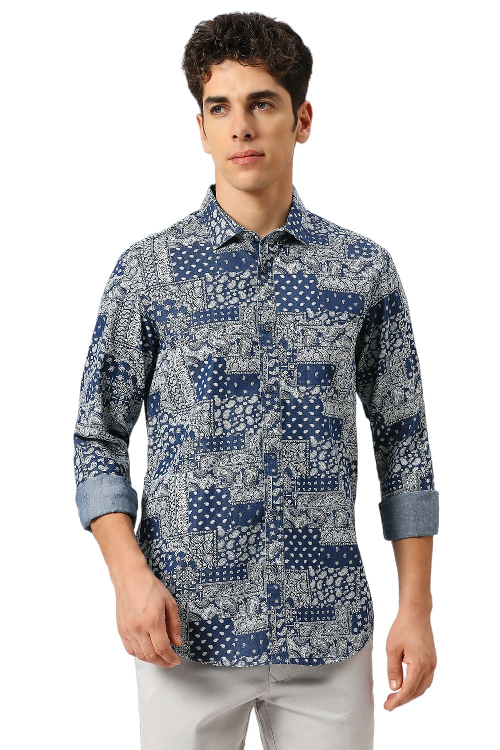 SLIM FIT COTTON INDIGO PRINTED SHIRT