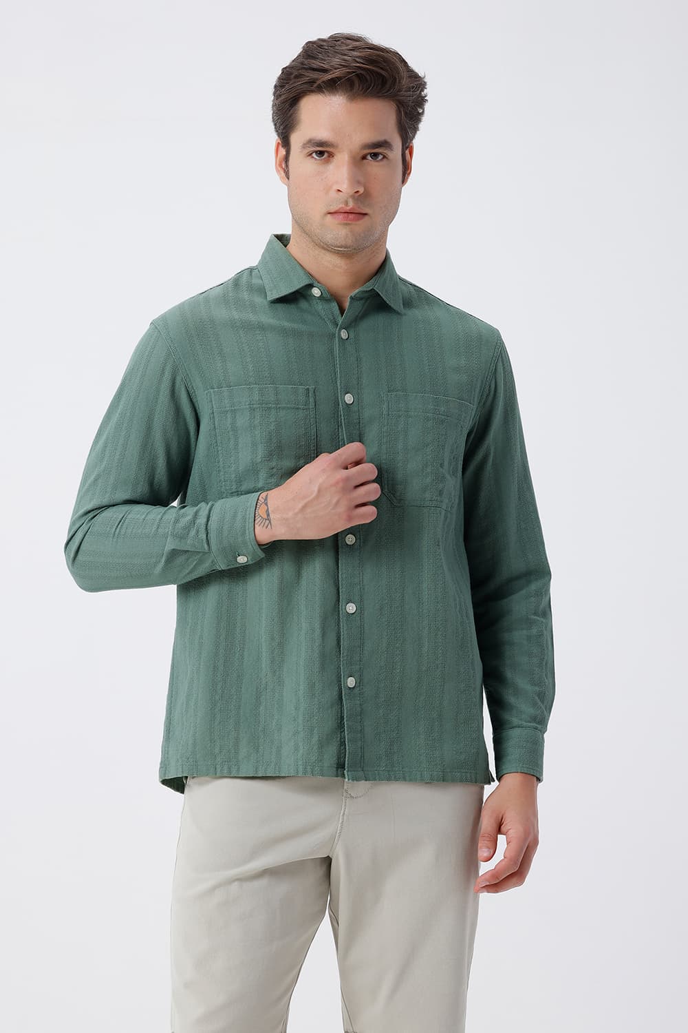 BASICS RELAXED FIT SEA GREEN COTTON LENO DOBBY OVERSHIRT