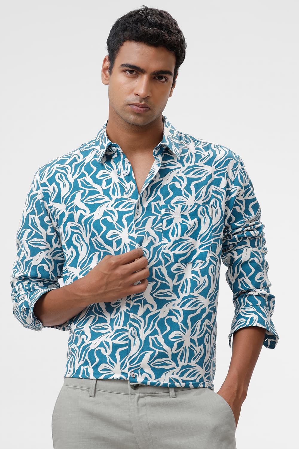 SLIM FIT COTTON VISCOSE TWILL PRINTED SHIRT