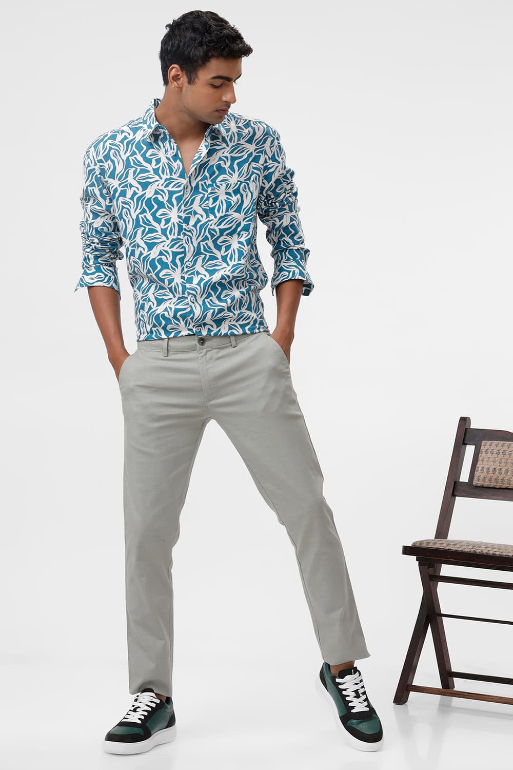 SLIM FIT COTTON VISCOSE TWILL PRINTED SHIRT