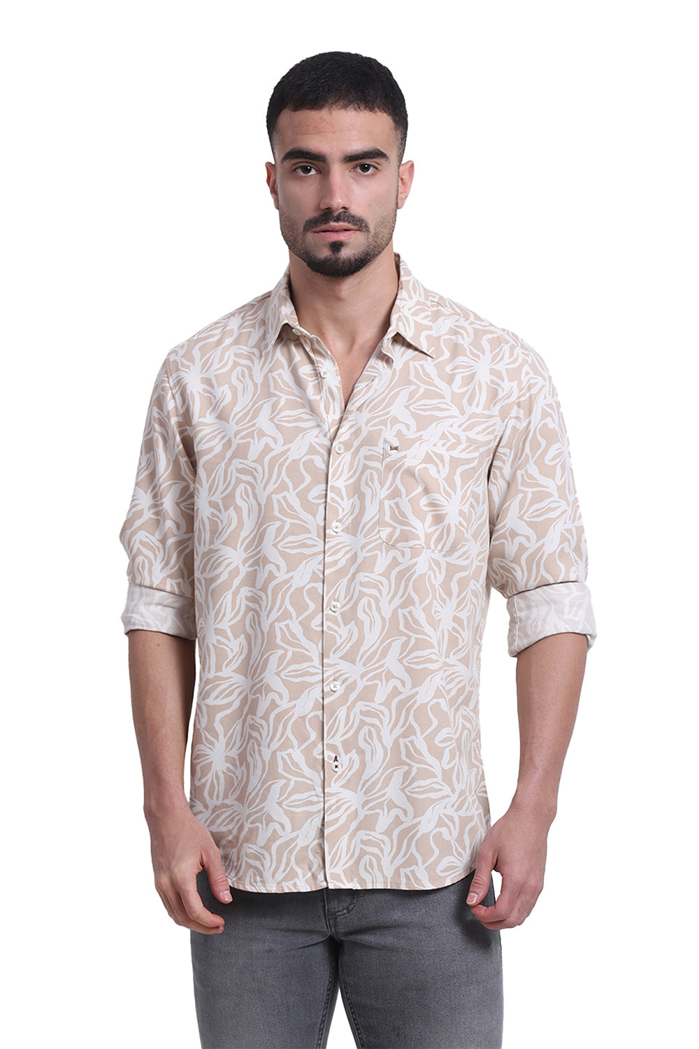 SLIM FIT COTTON VISCOSE TWILL PRINTED SHIRT