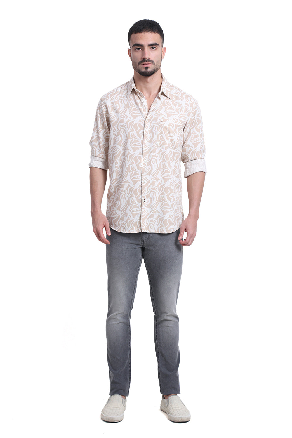SLIM FIT COTTON VISCOSE TWILL PRINTED SHIRT