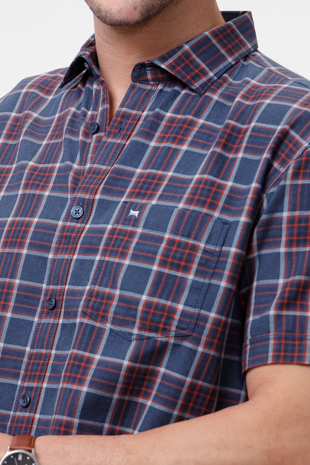 SLIM FIT COTTON MELANGE CHECKS HALFSLEEVES SHIRT