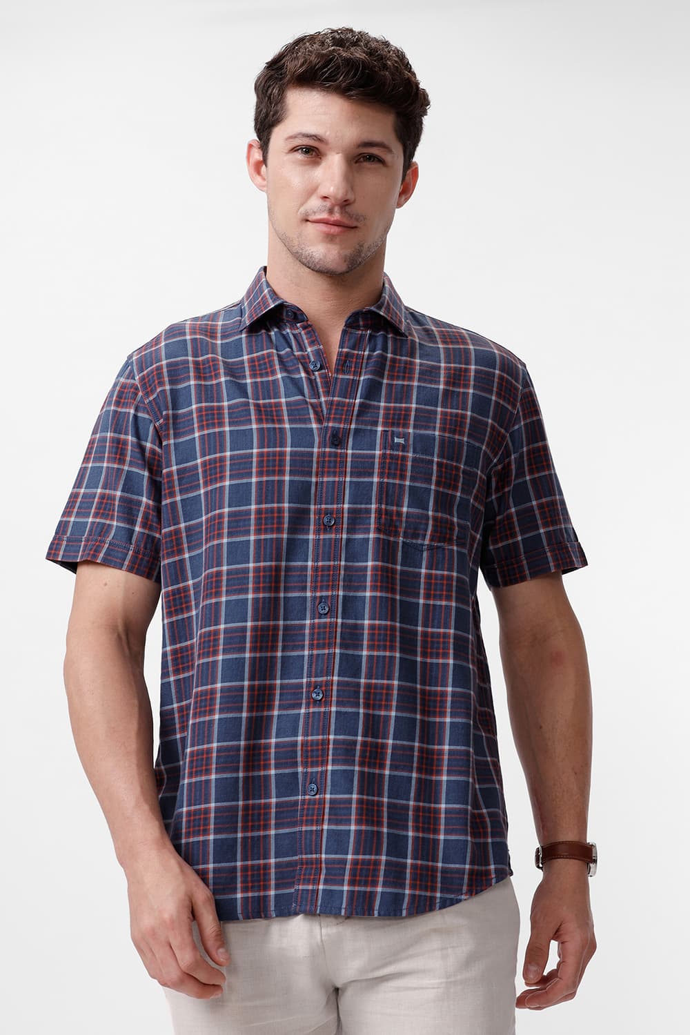 SLIM FIT COTTON MELANGE CHECKS HALFSLEEVES SHIRT