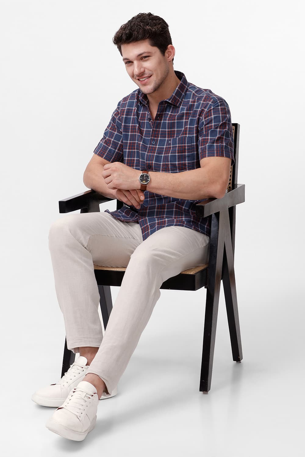 SLIM FIT COTTON MELANGE CHECKS HALFSLEEVES SHIRT