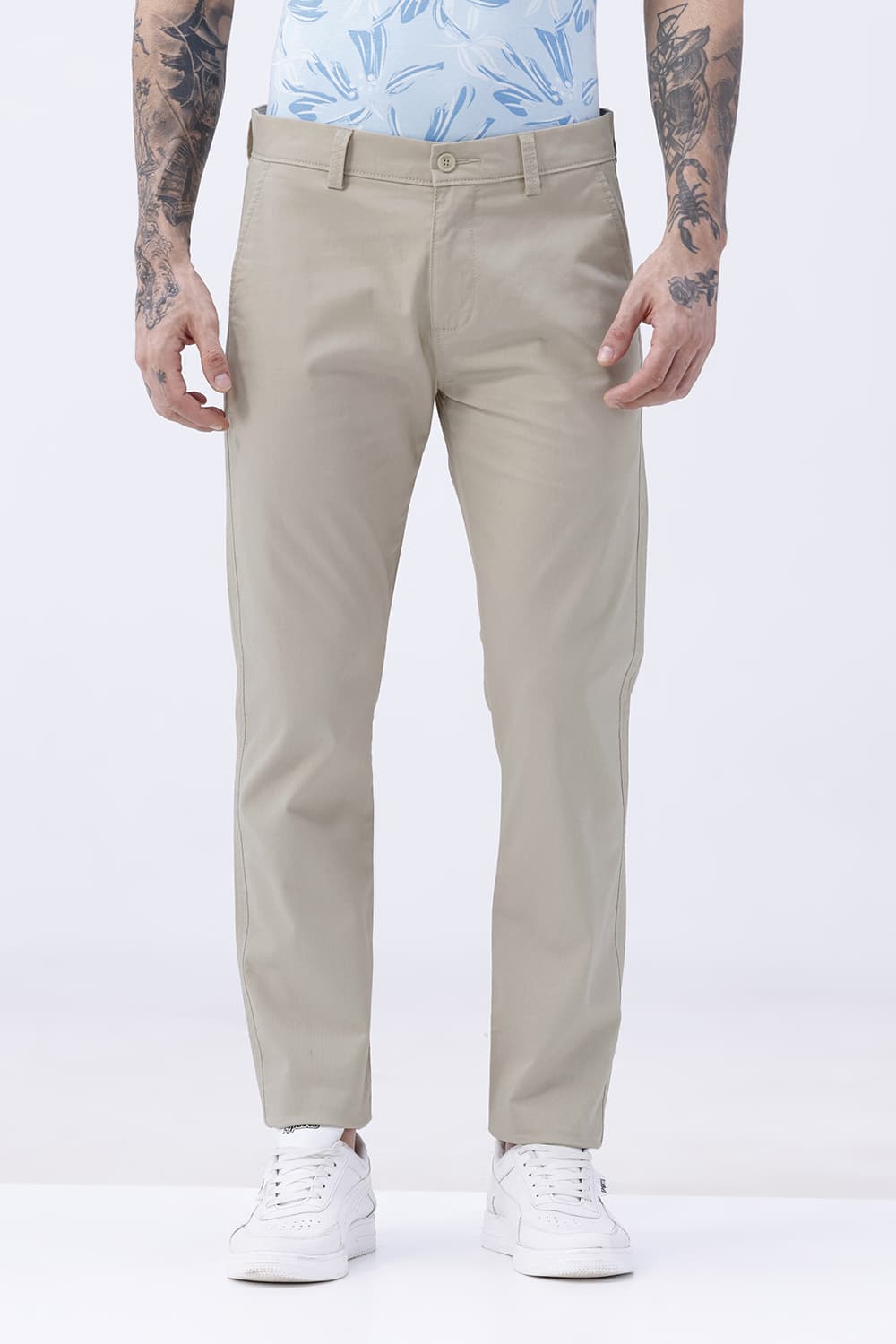 BASICS TAPERED FIT DOESKIN BEIGE COTTON STRETCH STRUCTURE TROUSER