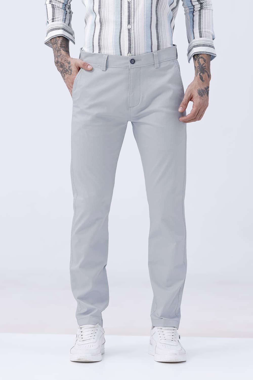 BASICS TAPERED FIT SECRET SPACES BLUE COTTON STRETCH STRUCTURE TROUSER
