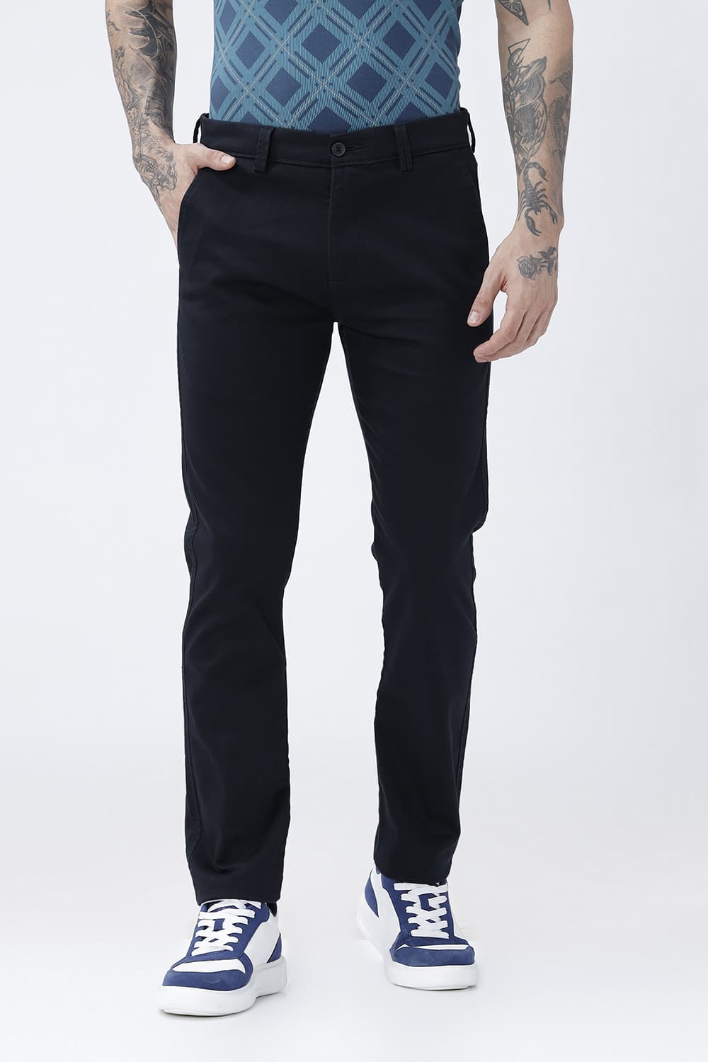 BASICS TAPERED FIT COLLEGIATE NAVY COTTON STRETCH STRUCTURE TROUSER