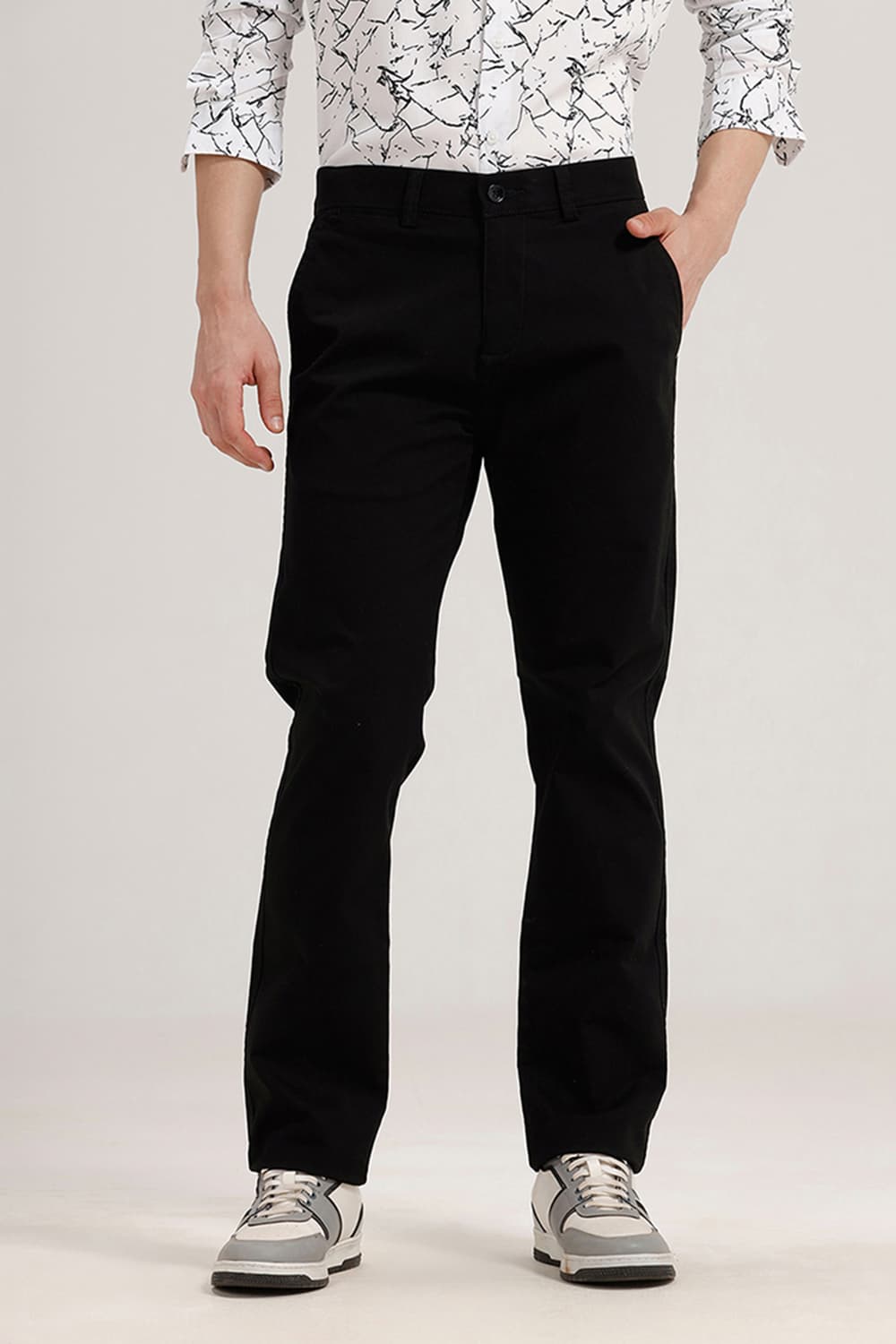 BASICS TAPERED FIT BLACK COTTON STRETCH TROUSER