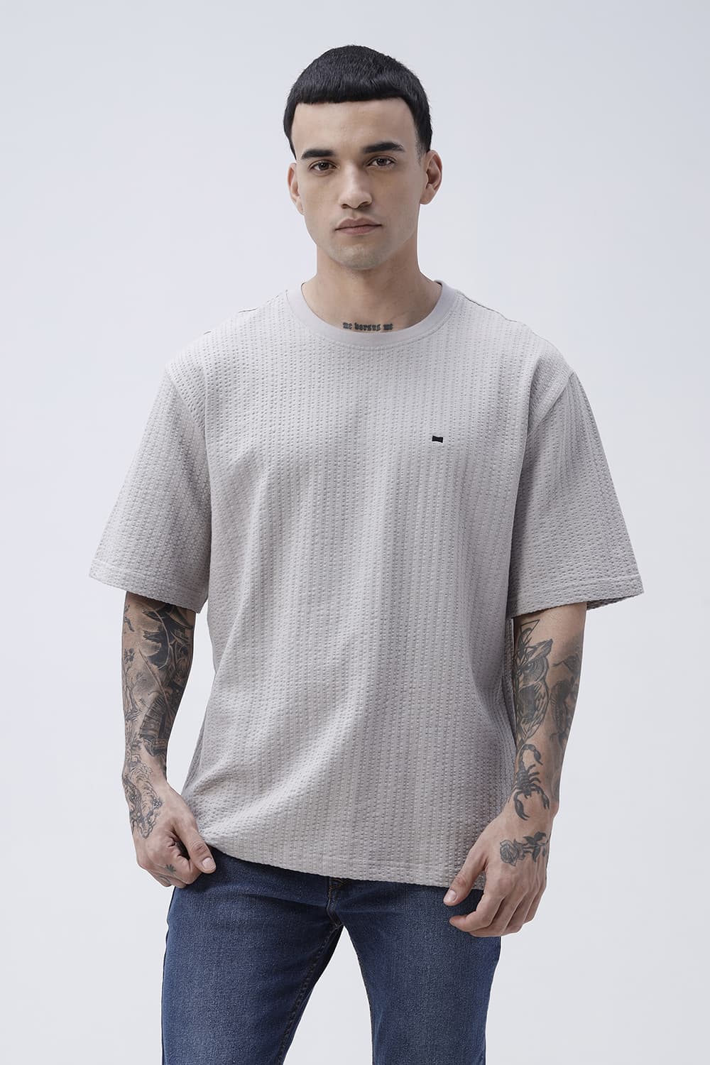 BASICS RELAXED FIT GRAY MORNING COTTON CREW T-SHIRT