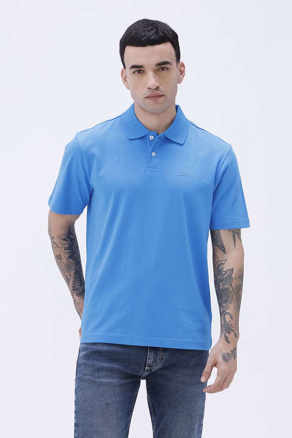 BASICS RELAXED FIT BLUE ASTER COTTON POLO T-SHIRT