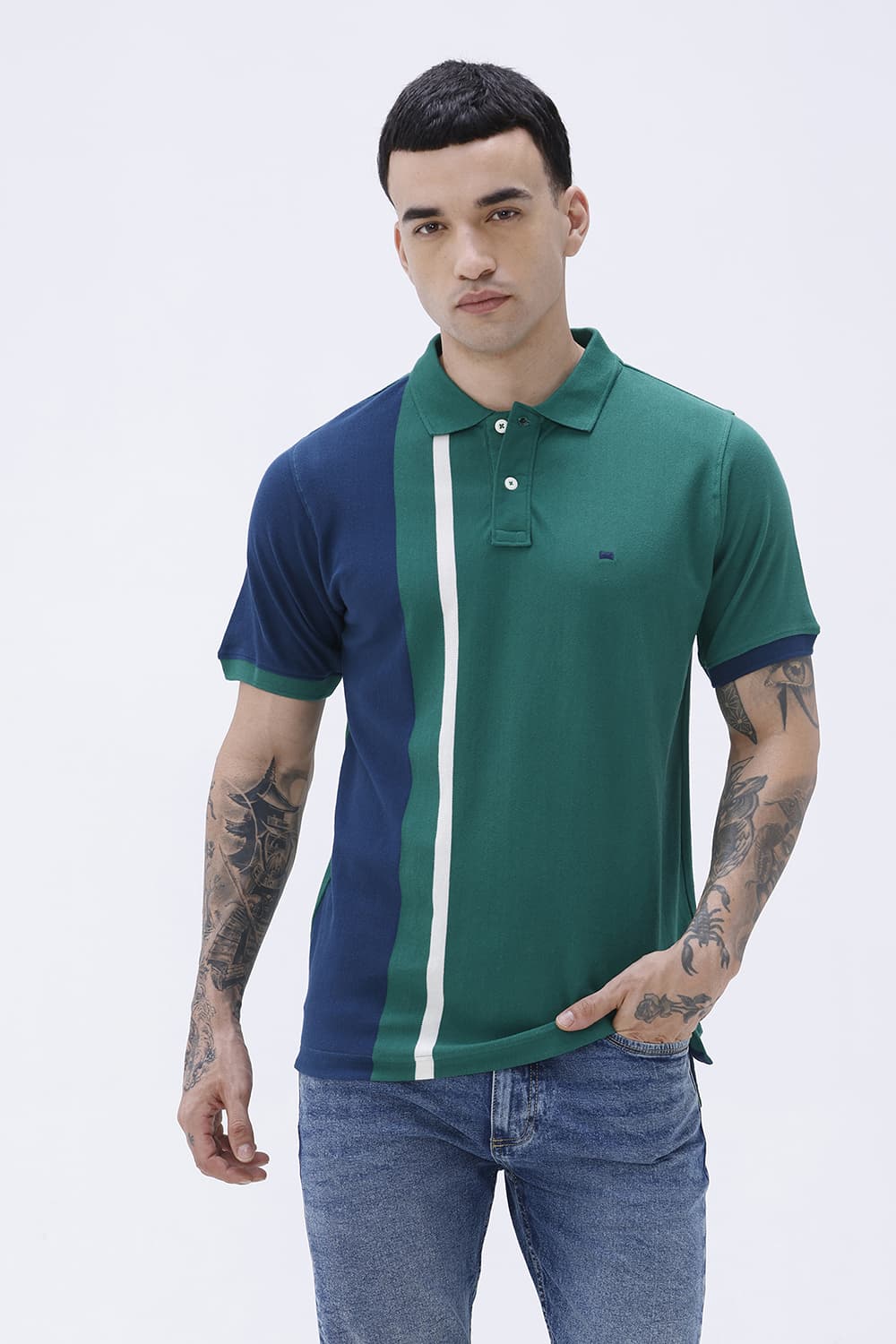 BASICS REGULAR FIT GREEN JACKET COTTON POLO T-SHIRT