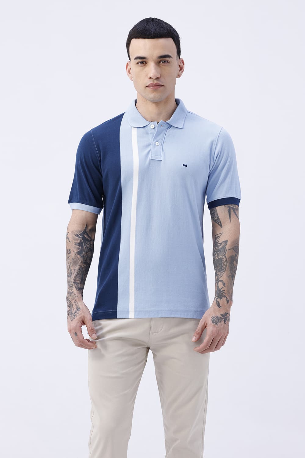 BASICS REGULAR FIT BLUE FROST COTTON POLO T-SHIRT