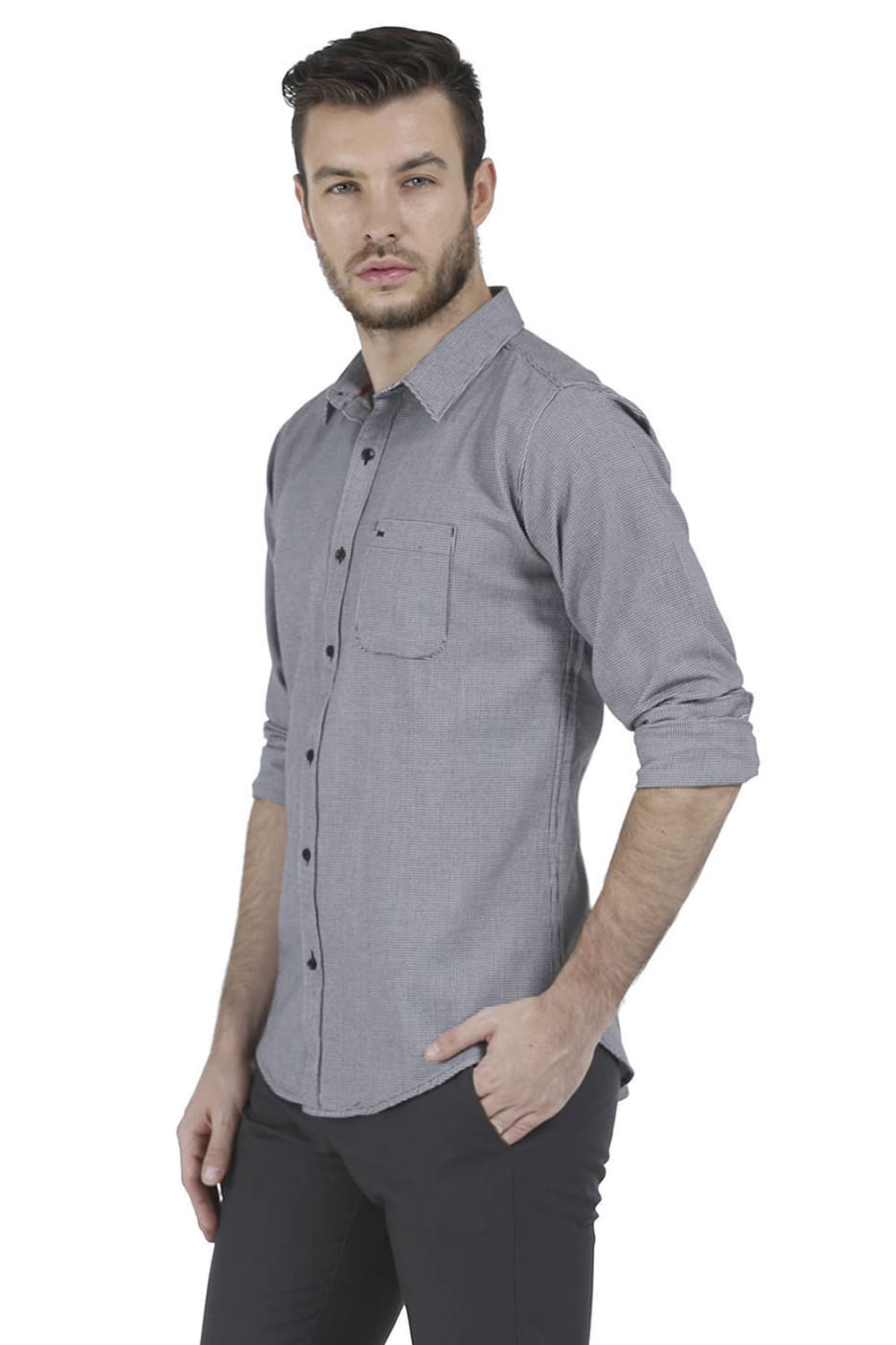 BASICS SLIM FIT HOUNDSTOOTH DOBBY SHIRT