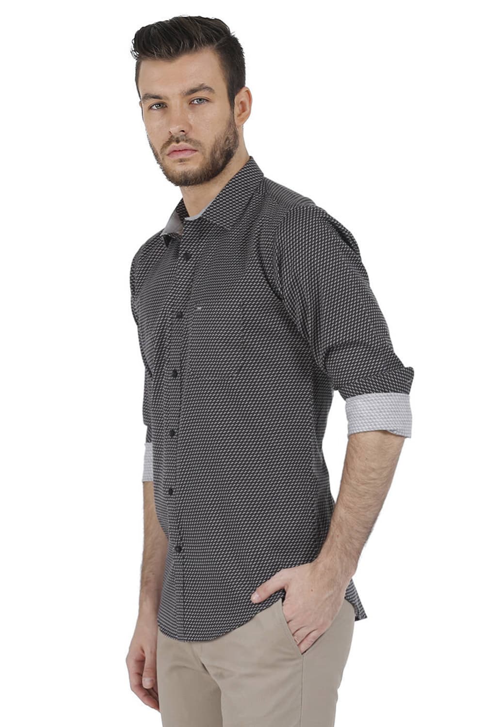 BASICS SLIM FIT PRINTED SATIN SHIRT