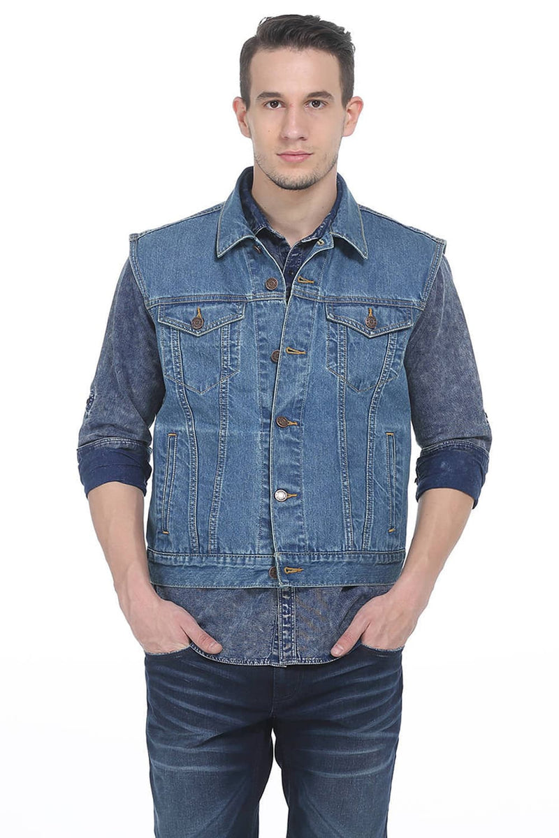 BASICS SLIM FIT DENIM SLEEVELESS JACKET