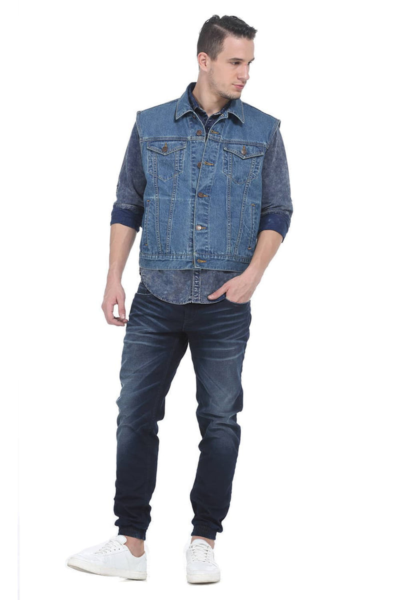 BASICS SLIM FIT DENIM SLEEVELESS JACKET