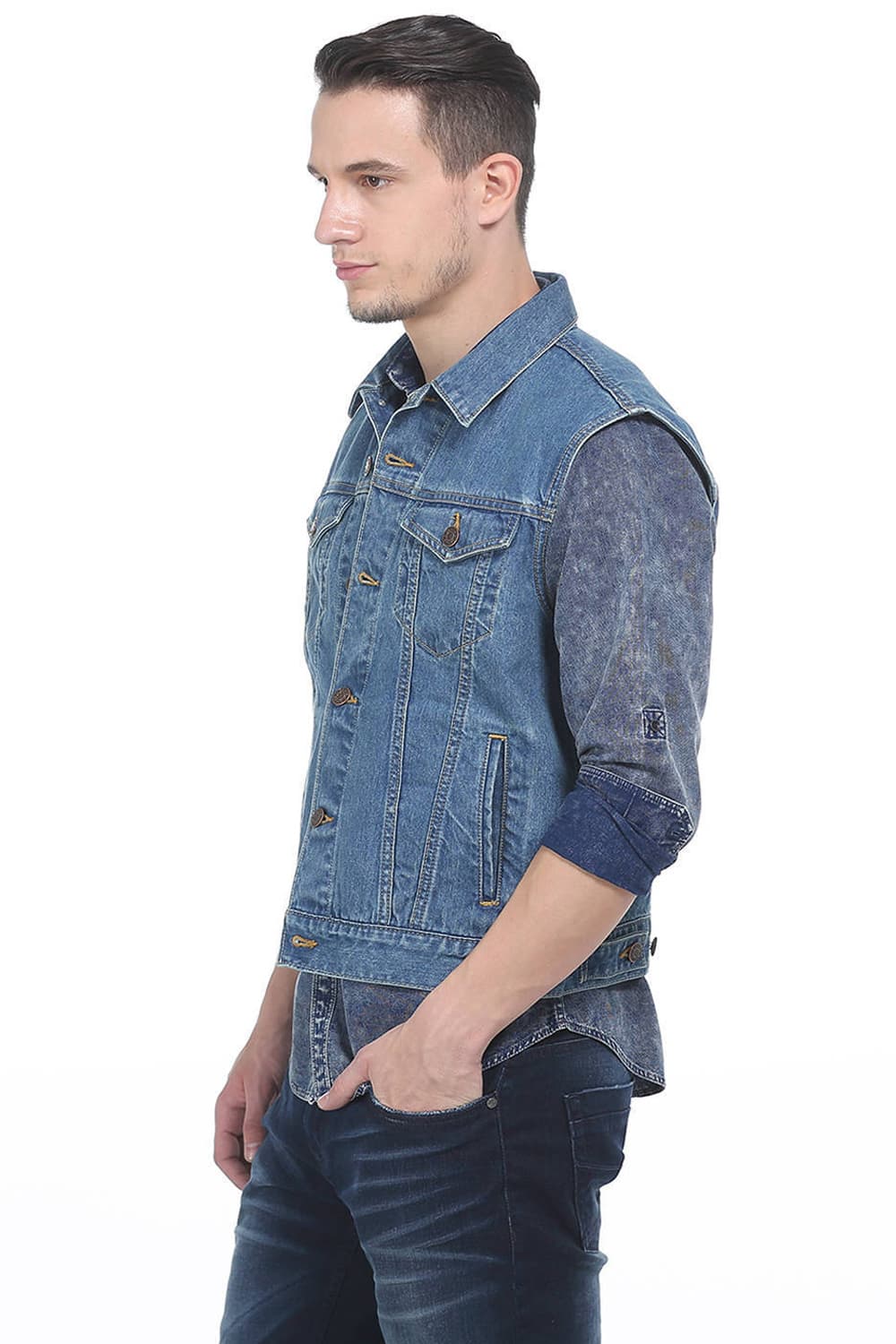 BASICS SLIM FIT DENIM SLEEVELESS JACKET