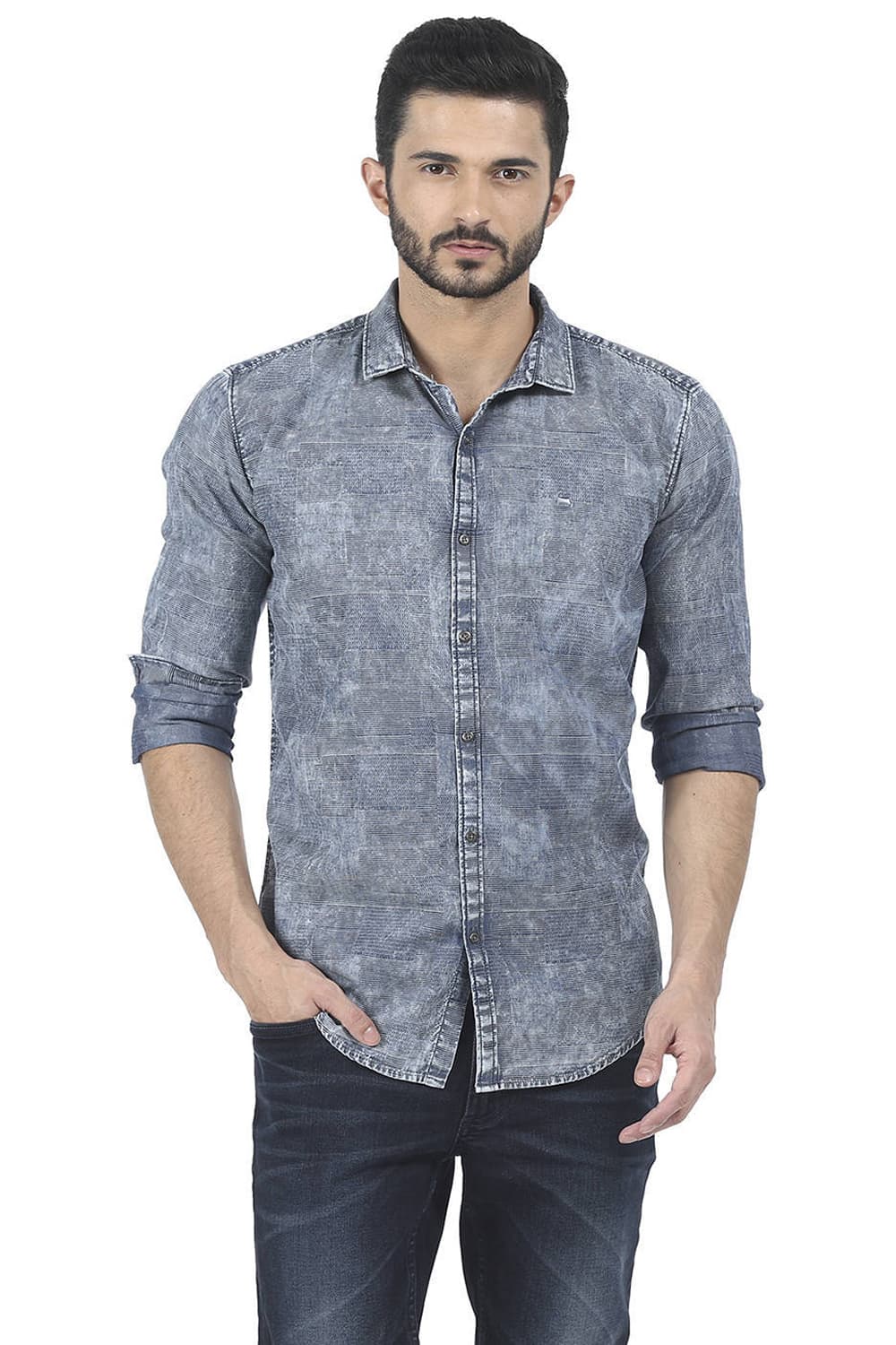 BASICS SLIM FIT JACQUARD INDIGO SHIRT