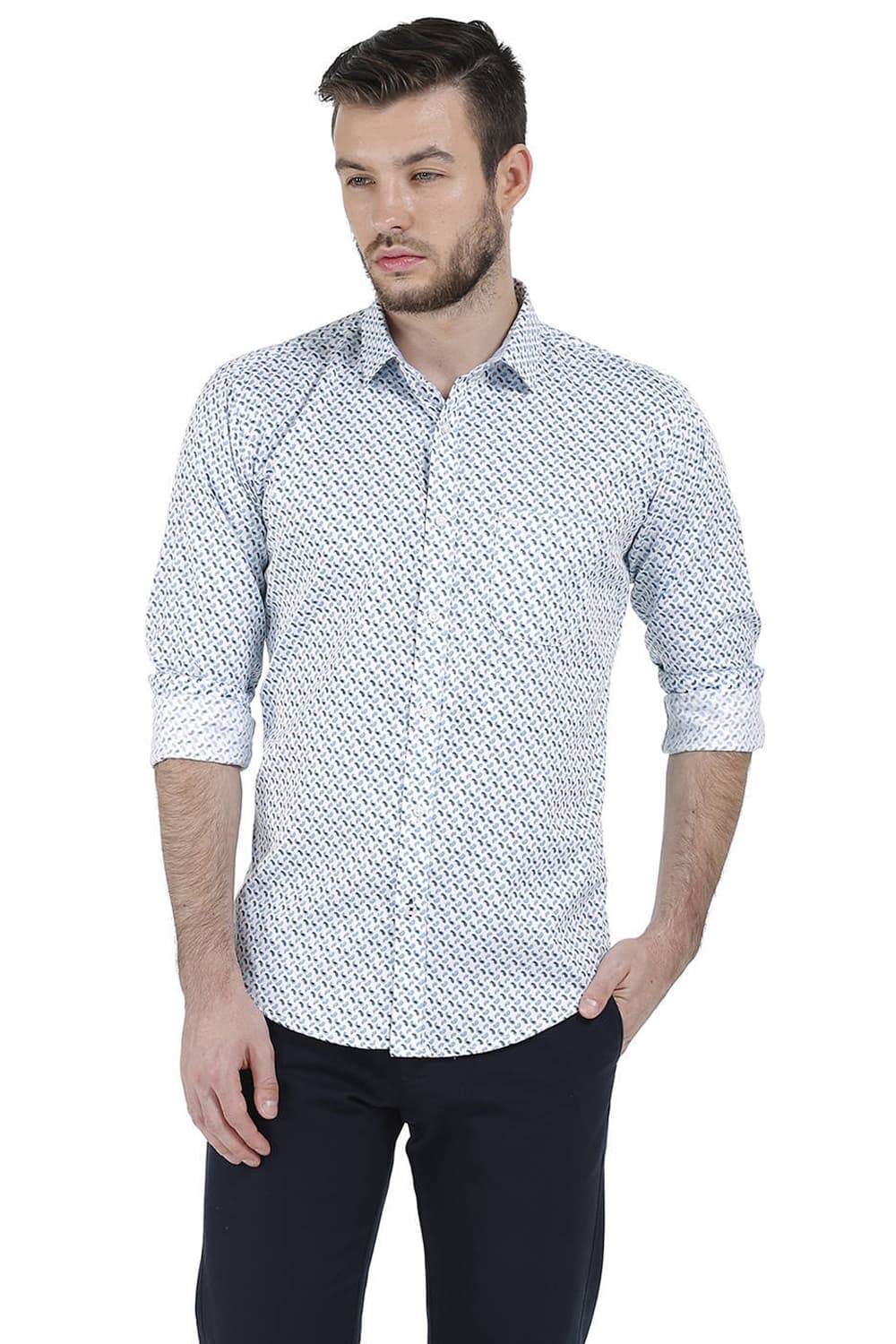 BASICS SLIM FIT PRINTED SATIN SHIRT