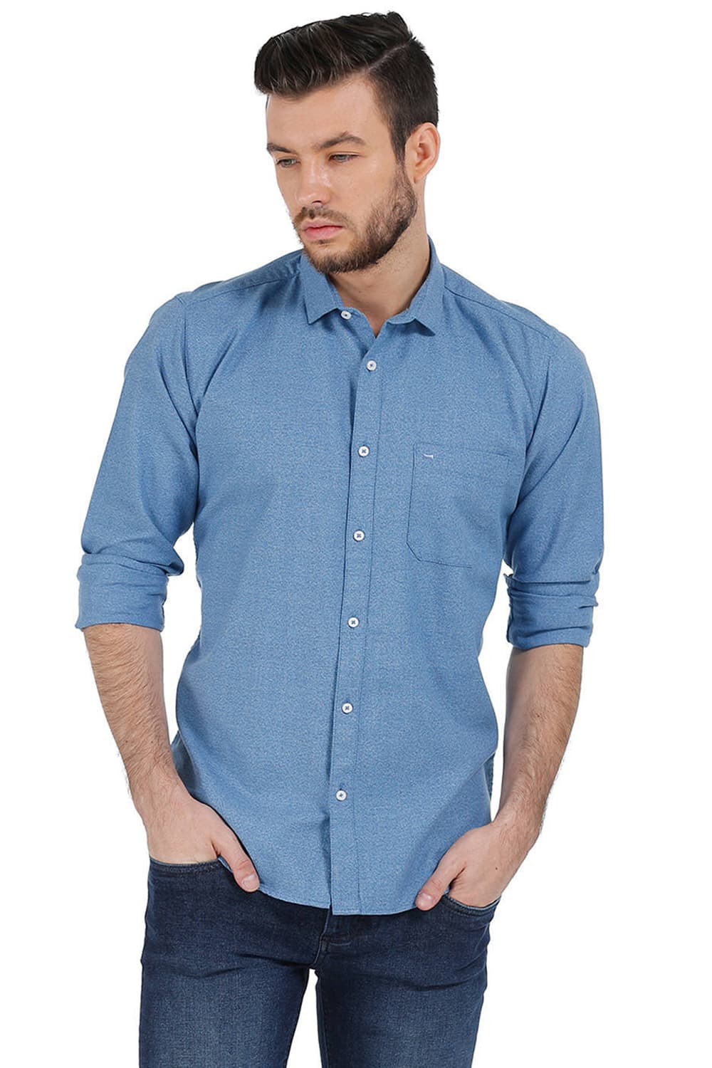 BASICS SLIM FIT TWILL CHAMBRAY SHIRT