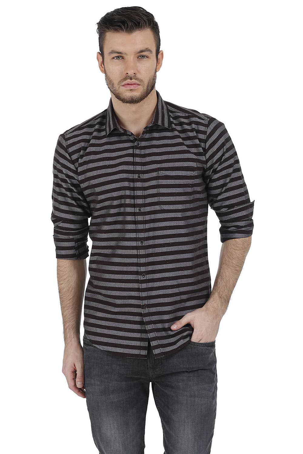 BASICS SLIM FIT WEFT STRIPES SHIRT