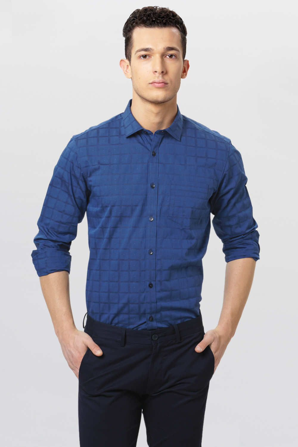 BASICS SLIM FIT DOBBY CHECKS SHIRT