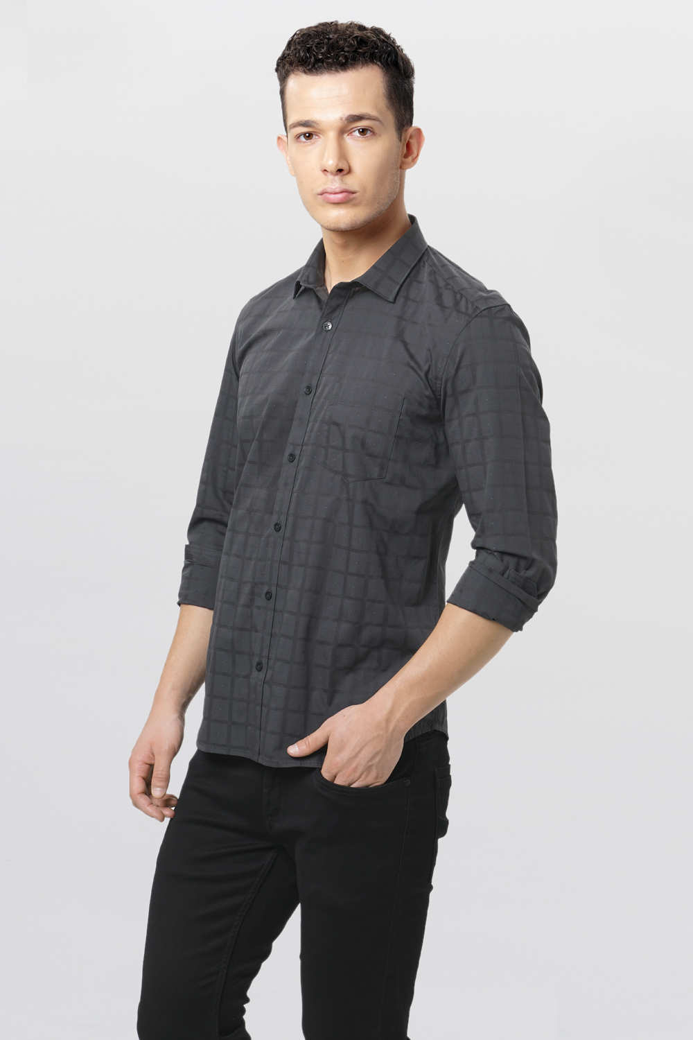 BASICS SLIM FIT DOBBY CHECKS SHIRT