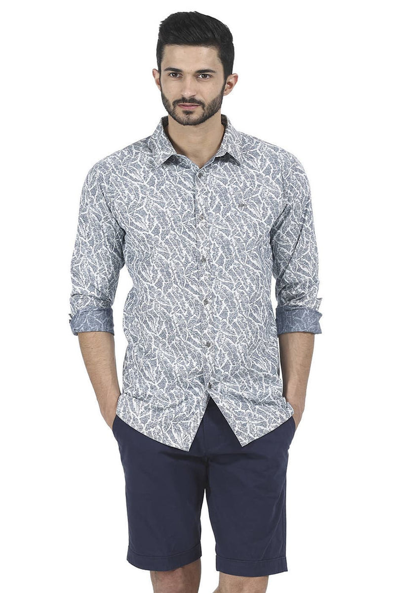 BASICS SLIM FIT INDIGO PRINTED SHIRT