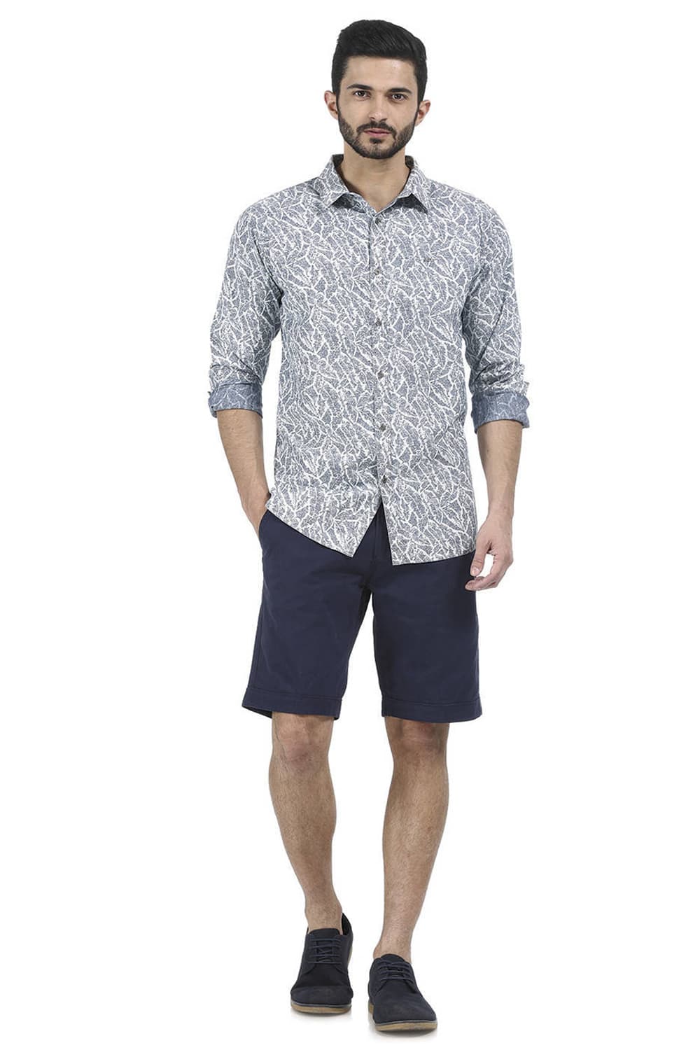 BASICS SLIM FIT INDIGO PRINTED SHIRT