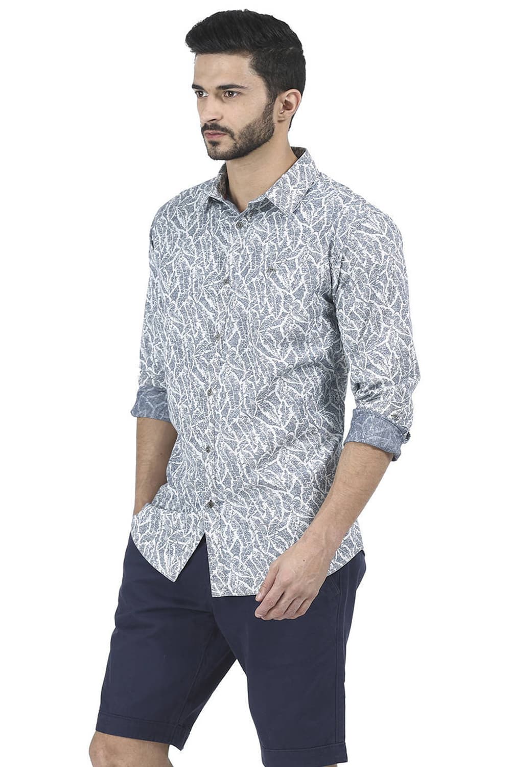 BASICS SLIM FIT INDIGO PRINTED SHIRT