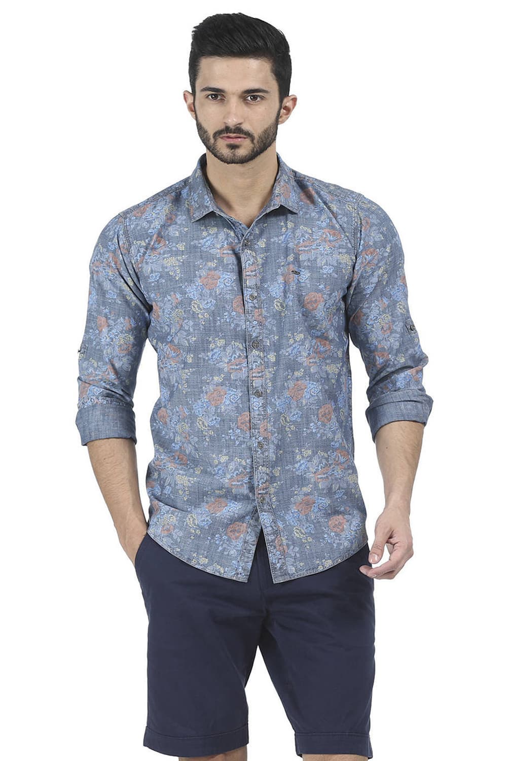 BASICS SLIM FIT BLUE PRINTED SHIRT