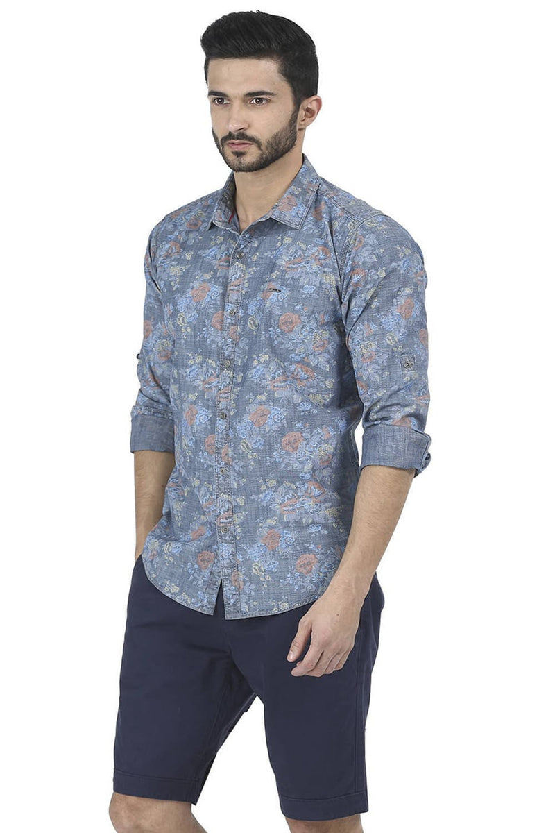 BASICS SLIM FIT BLUE PRINTED SHIRT