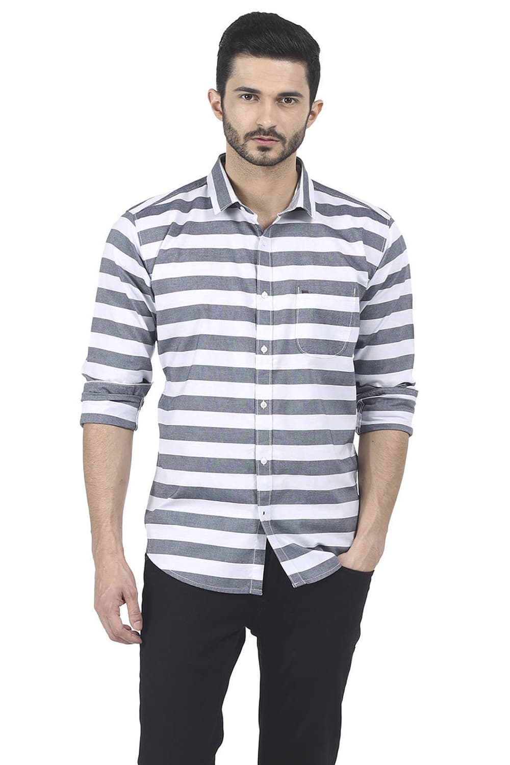 BASICS SLIM FIT WEFT STRIPE SHIRT