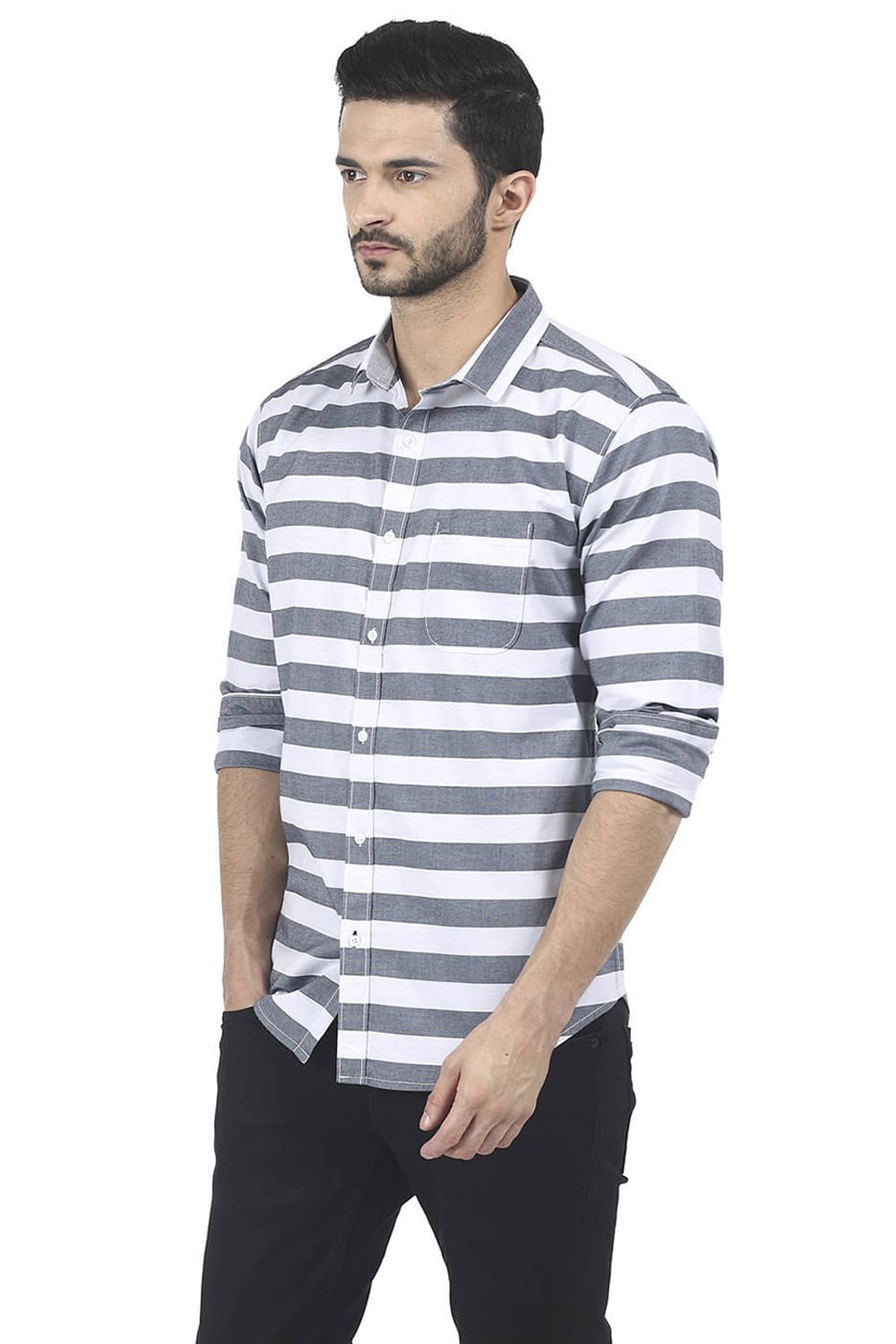 BASICS SLIM FIT WEFT STRIPE SHIRT