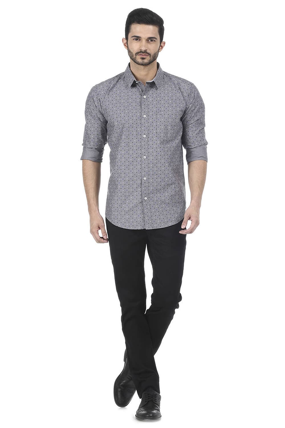 BASICS SLIM FIT PRINTED CHAMBRAY SHIRT