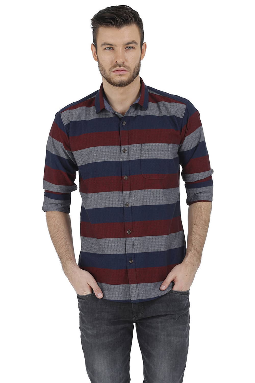 BASICS SLIM FIT WEFT STRIPES SHIRT