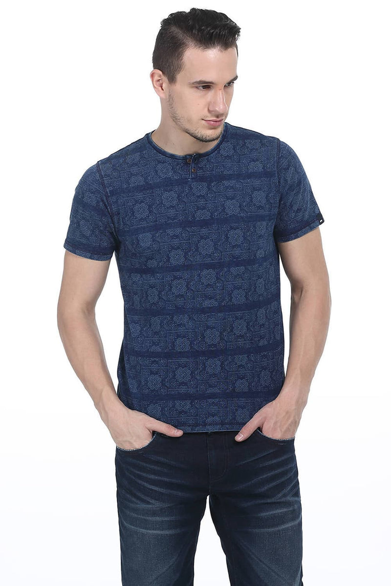 BASICS MUSCLE FIT HENLEY PRINTED T SHIRT