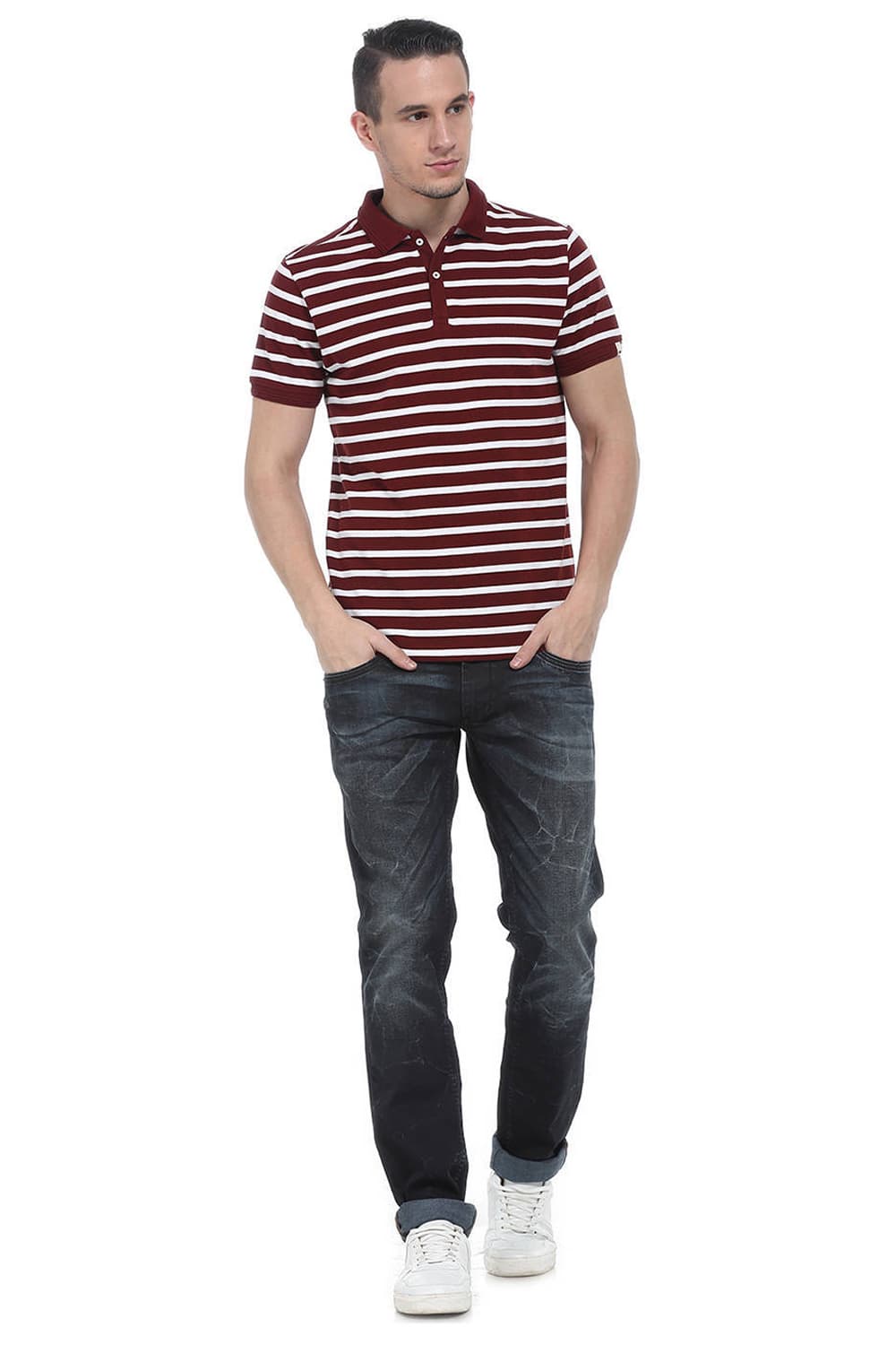 BASICS MUSCLE FIT STRIPE POLO T SHIRT