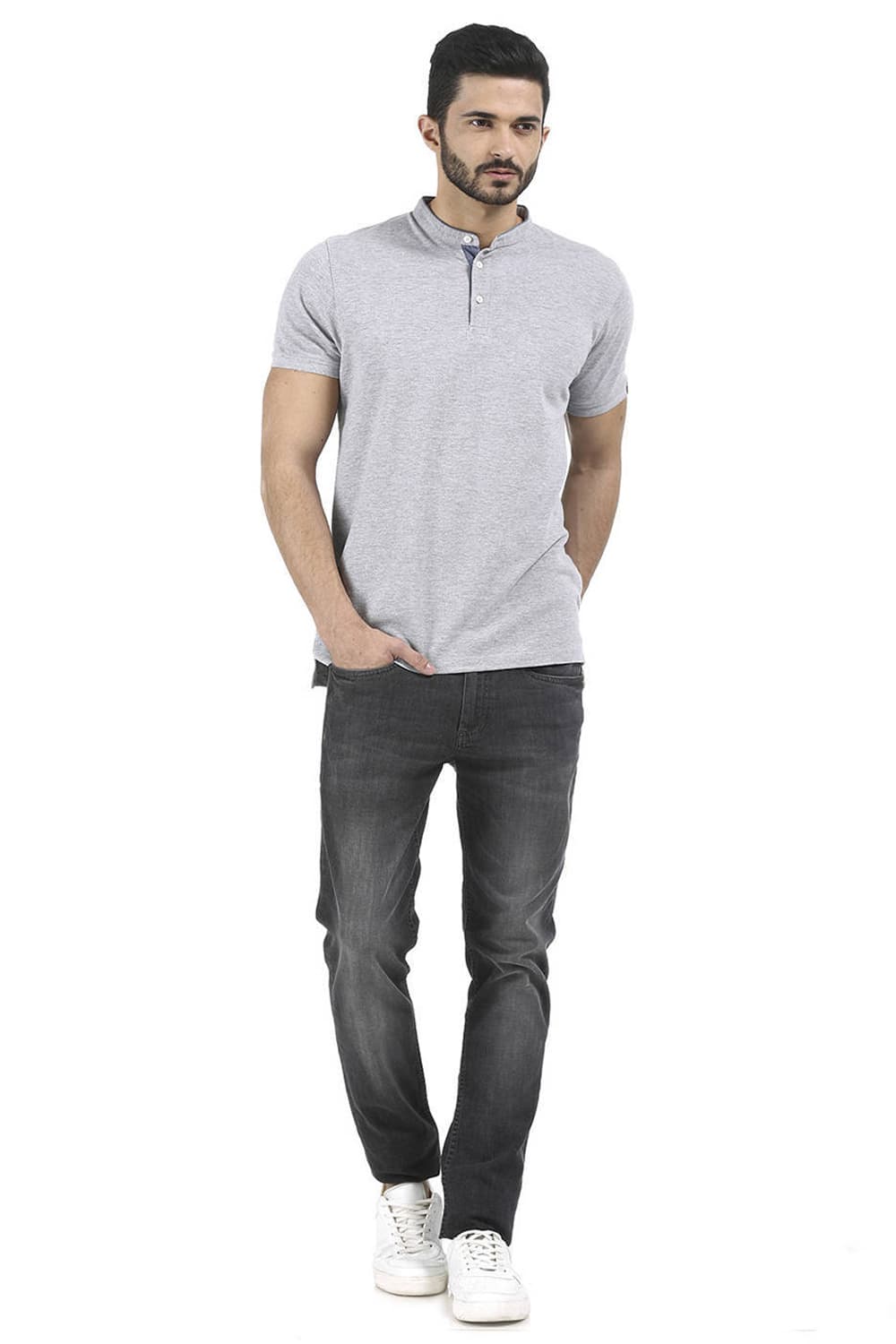 BASICS MUSCLE FIT MANDARIN COLLAR T SHIRT