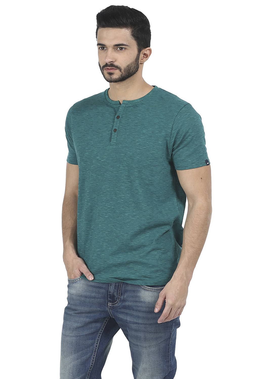 BASICS MUSCLE FIT HENLEY T SHIRT