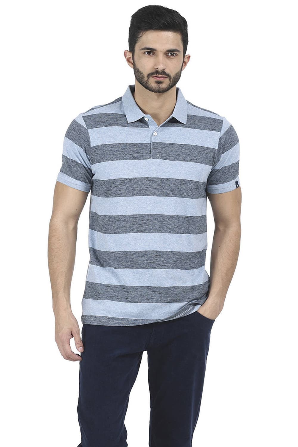 BASICS MUSCLE FIT STRIPE POLO T SHIRT