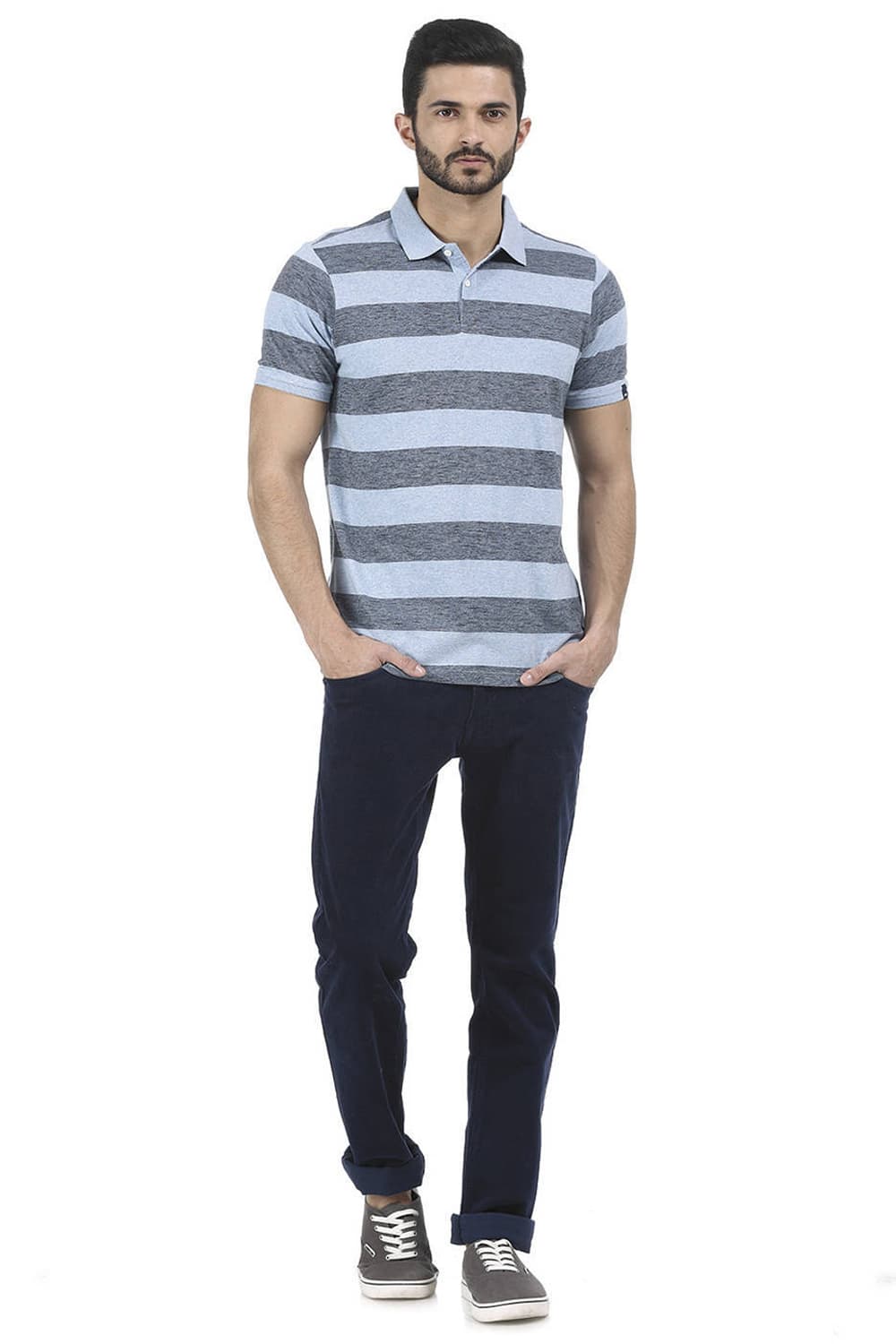 BASICS MUSCLE FIT STRIPE POLO T SHIRT