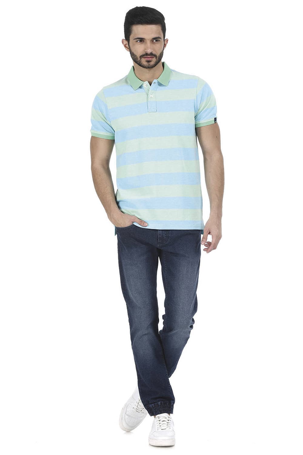 BASICS MUSCLE FIT STRIPED POLO T SHIRT