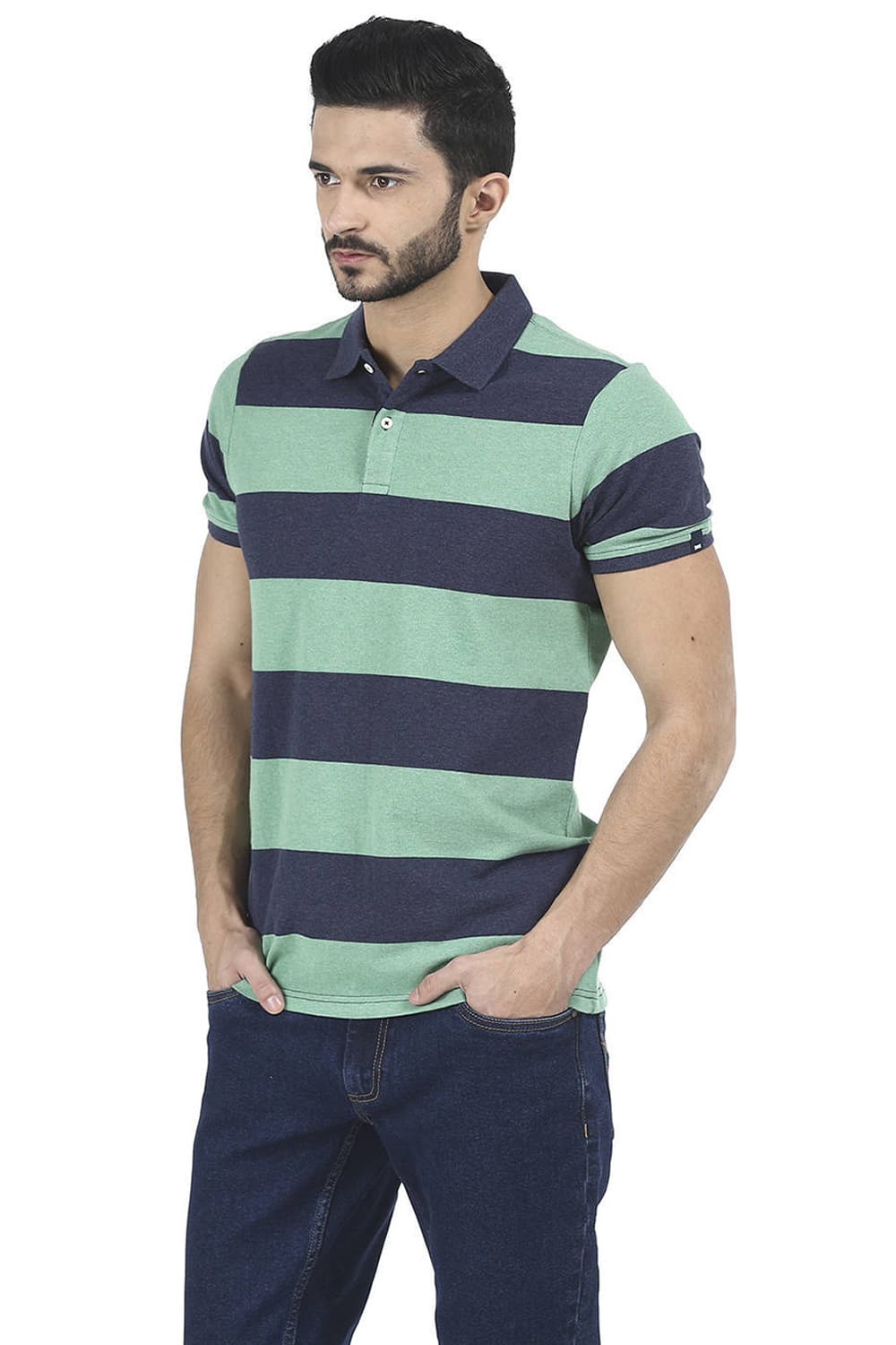 BASICS MUSCLE FIT STRIPE POLO T SHIRT