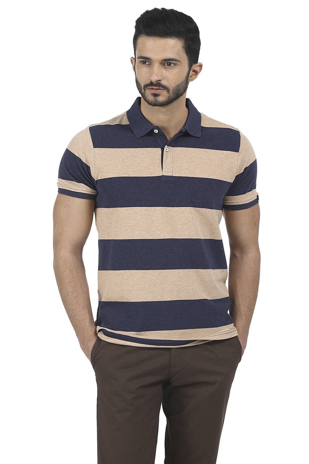 BASICS MUSCLE FIT STRIPE POLO T SHIRT